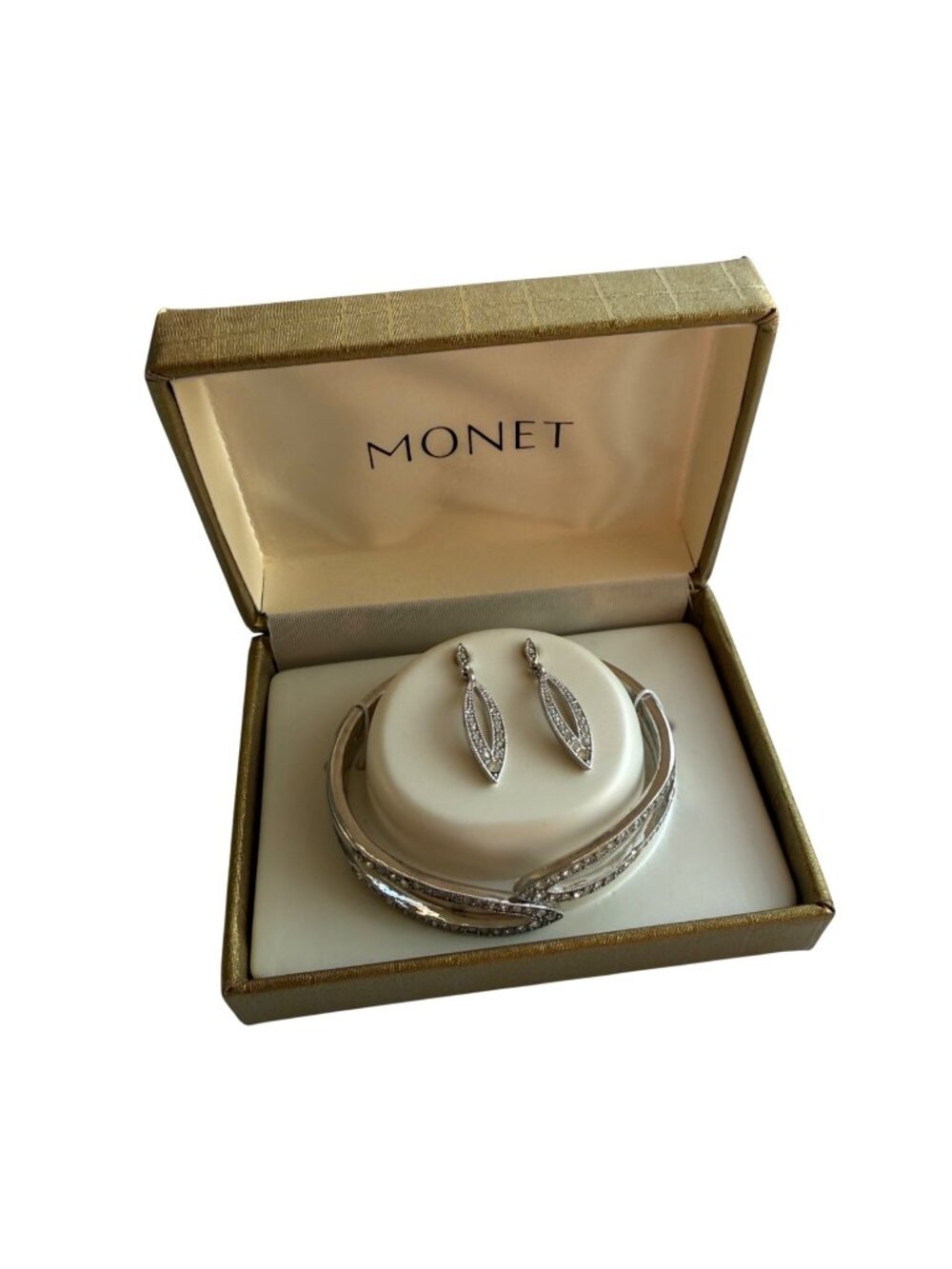 Monet Bracelet Earrings Set Rhinestone Bangle Prom Glam Silver Tone NEW